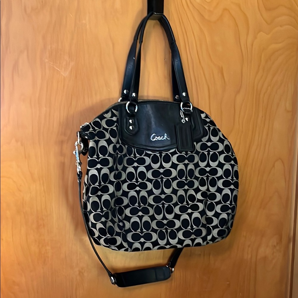 Coach Black and Gray Shoulder Bag with Signature Monogram